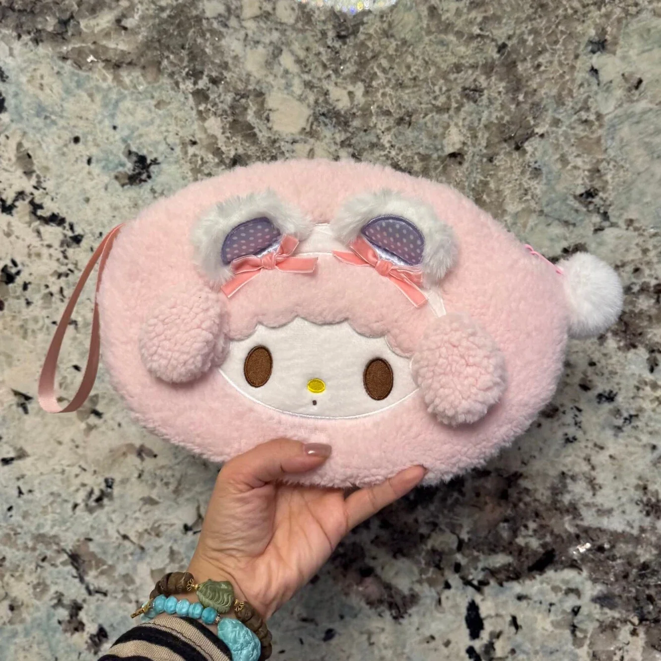 Japanese Cute Sanrio My Melody My Sweet Piano Elliptical Plush Large Capacity Makeup Bag Multi functional Organizing Bag