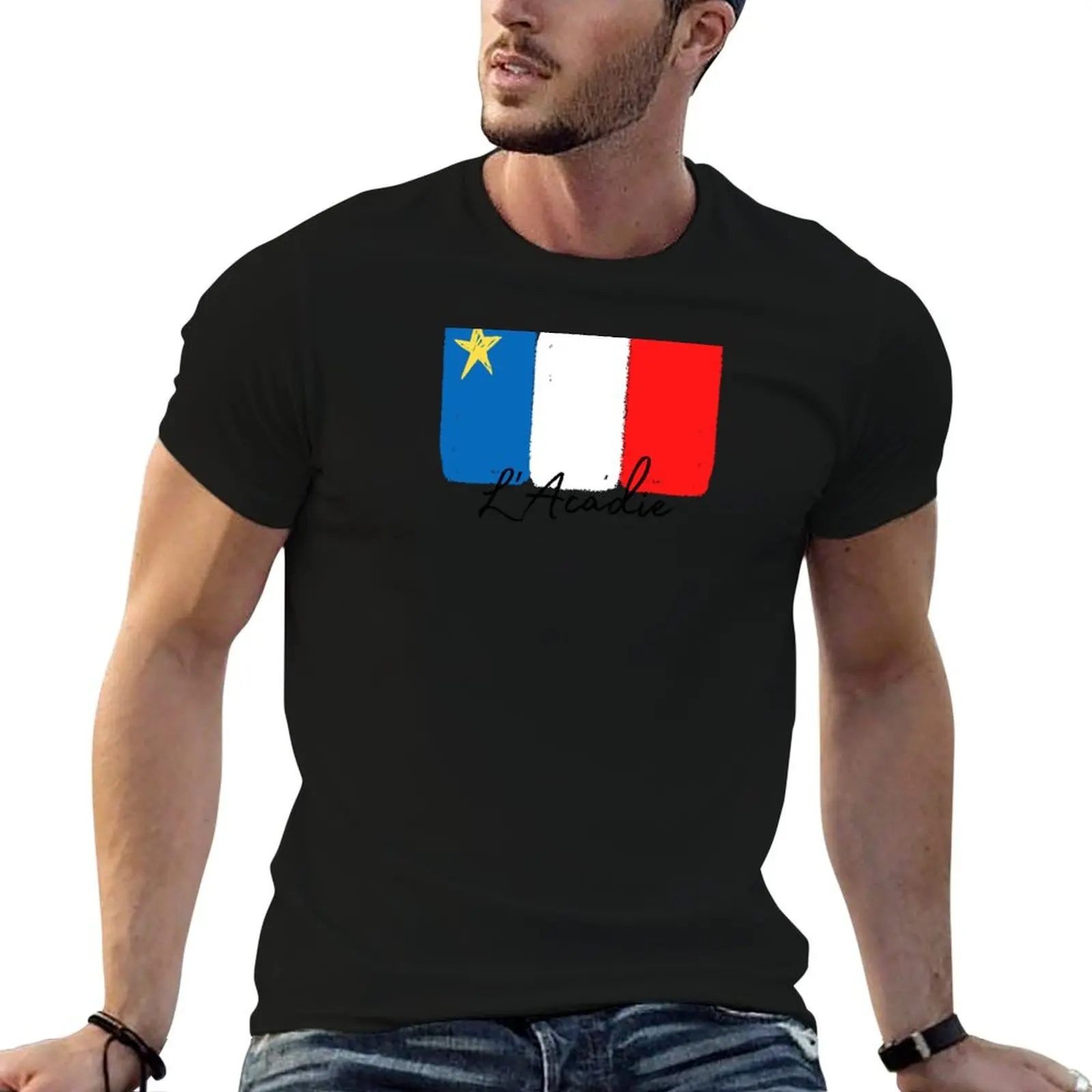 Acadian Flag (Painted Style with French L'Acadie text) T-Shirt vintage graphic tee sports fans shirts men