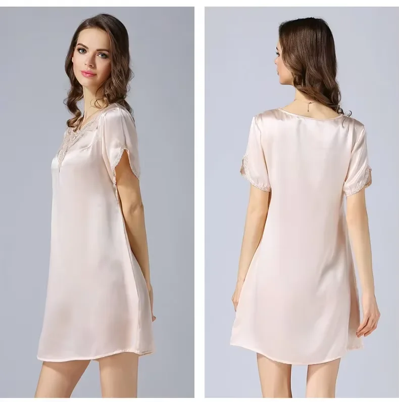 100% seta di gelso vestaglia babydoll camicia da notte sexy per le donne collo in pizzo lingerie femminile camicia da notte pigiama di seta estivo indumenti da notte