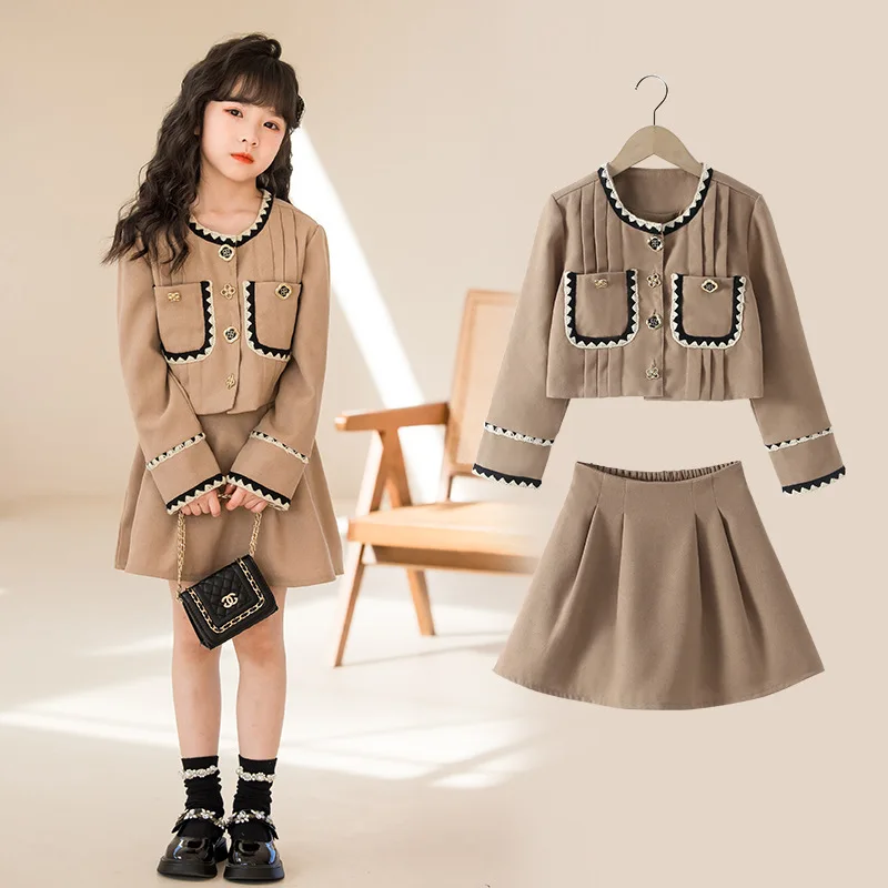 ZOETOP 2024 Spring Autumn School Girl Clothing Set Children Girl 2 Pocket Contrast O-neck Coats+Pleated Skirt Set For Girls