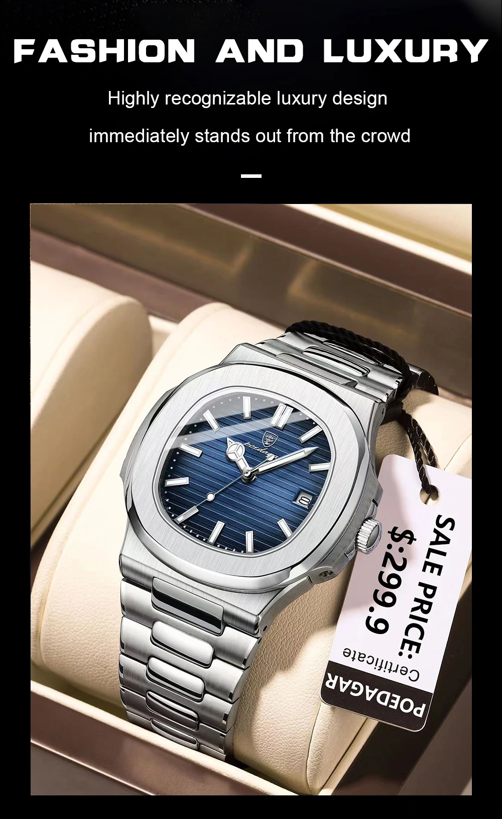 POEDAGAR Fashion Square Quarz Mann Uhr Wasserdicht Leucht Datum Edelstahl Uhren Für Männer Luxus Business Männer Armbanduhr – Detail 4