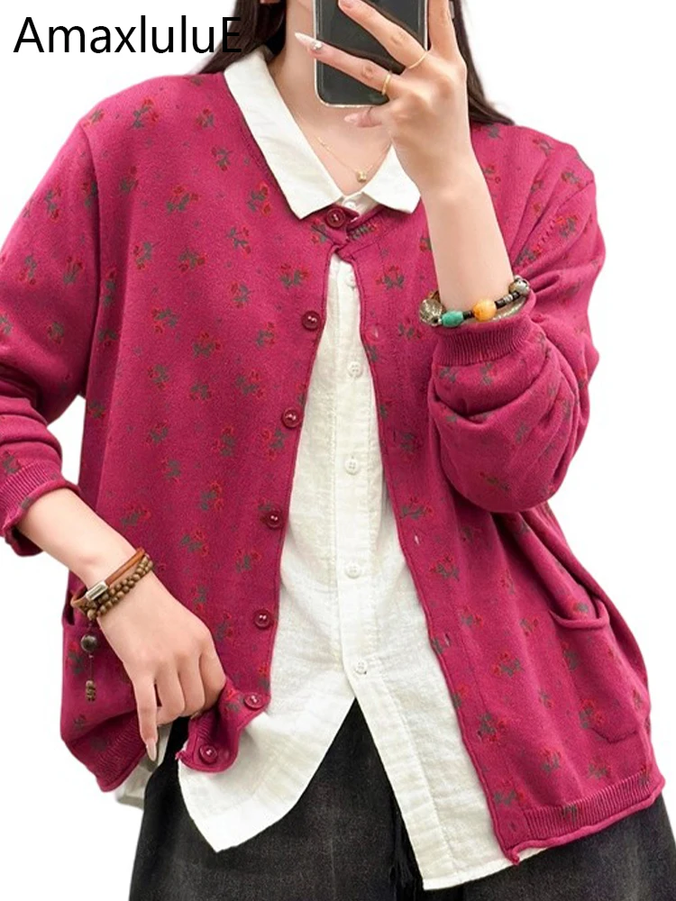 

Amax LuluE Design 2025 Fall Cardigans Women Leisure Fashion Floral Sweaters Females Classic Luxury Printed Loose Cotton Knitwear