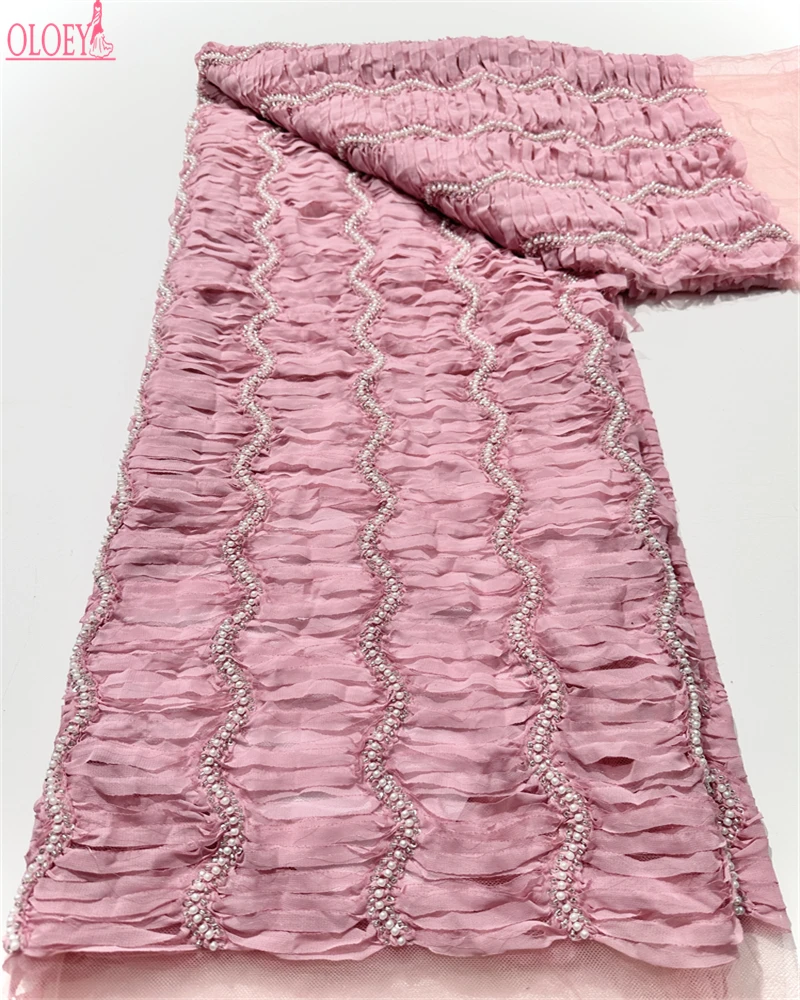 

OLOEY French Tulle Beaded Net Lace Top Quality Embroidery Wedding Dress Fabric Hot Sale Rufflet Beaded Lace Newest Design