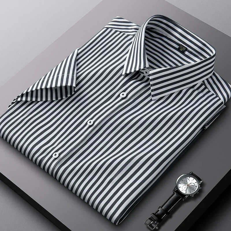 

TFETTERS Brand 2025 Summer Short Sleeve Shirts Men 95% Polyester Business Slim-fit Striped Shirts for Man Plus Size Man Clothes
