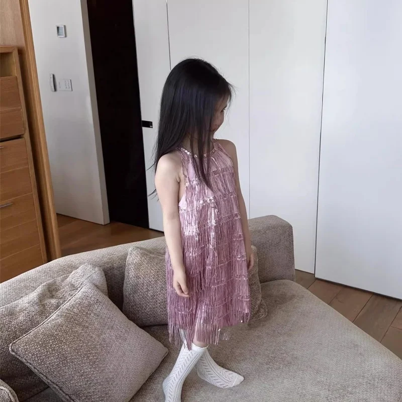 

Платье для девочек 2026: Новое летнее модное высококачественное платье-жилет с бахромой и блестками для девочек, на день рождения