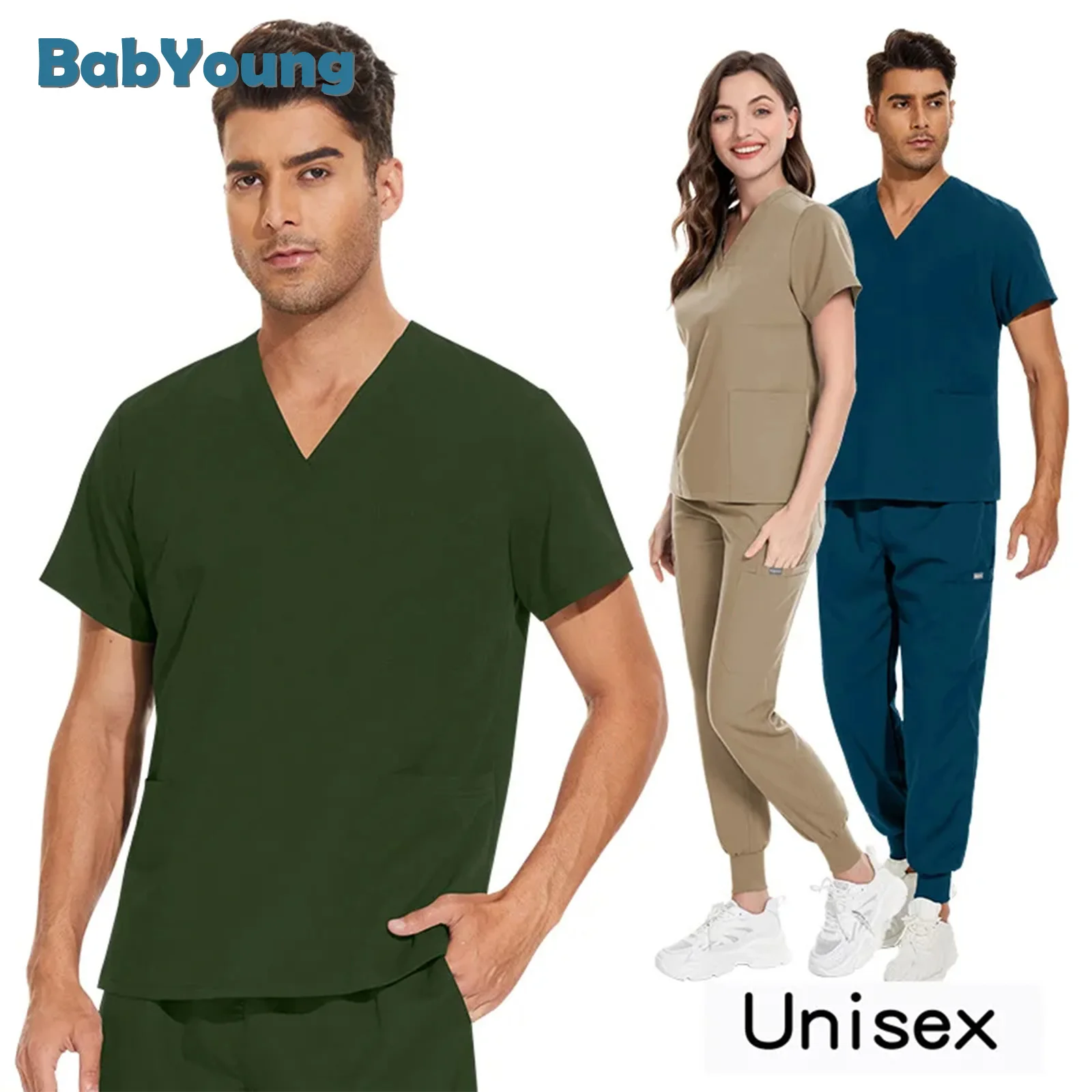 Multicolour Jogger Suits Doctor Nursing Uniforms Short Sleeve V-neck Tops Pocket Pants Nurse Scrubs Set Medical Clinical Clothes