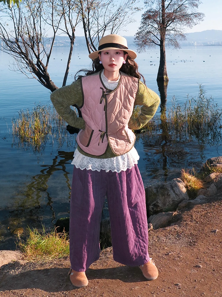 Sli Color Blo round Ne Svel Vest Jaet المرأة الخريف الشتاء الدافئة ملابس خارجية فضفاضة تخفيف Sle Morning Bell E...