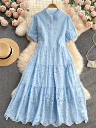 Summer New Elegant Hollow Out Embroidered Polo Bubble Sleeves Loose Bohemian Vacation Dress Women Single Breasted Midi Robe