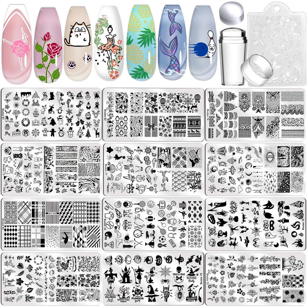 

Biutee Nail Printing Board Set Nail Seal Kit with Silicone Nail Seal Flower Animal Lace Nail Seal Board Valentine's Day Gift