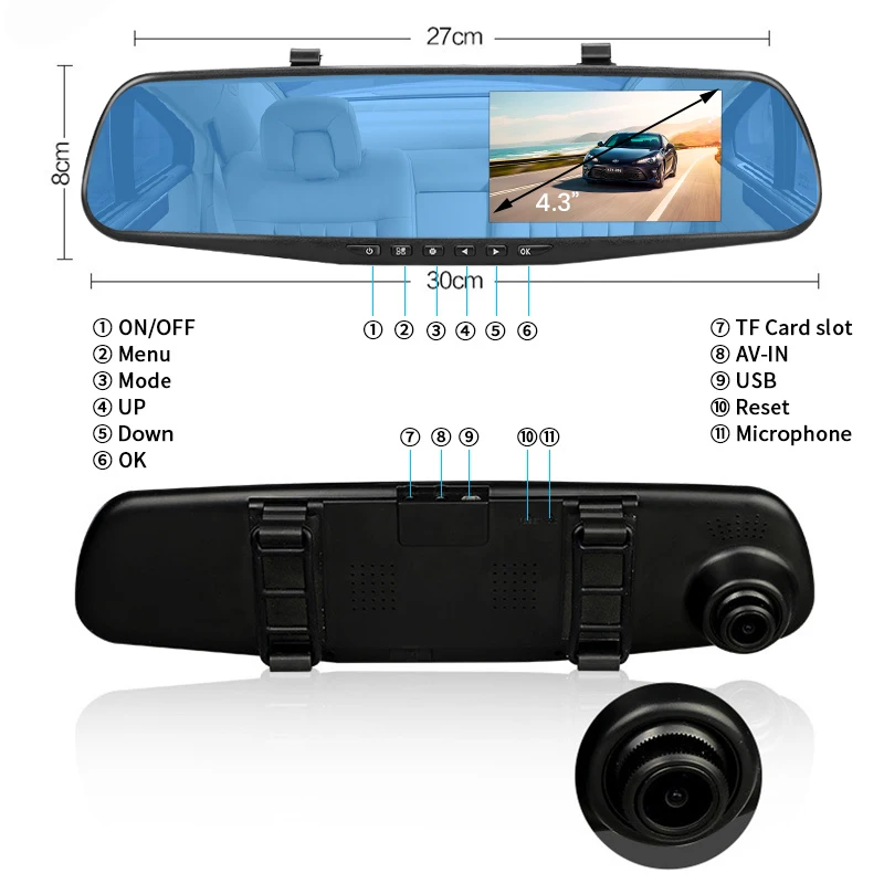 E-ACE Dash Cam 4.3 inci Mobil DVR kaca spion perekam mengemudi lensa ganda depan dan belakang kamera perekam Video kotak hitam