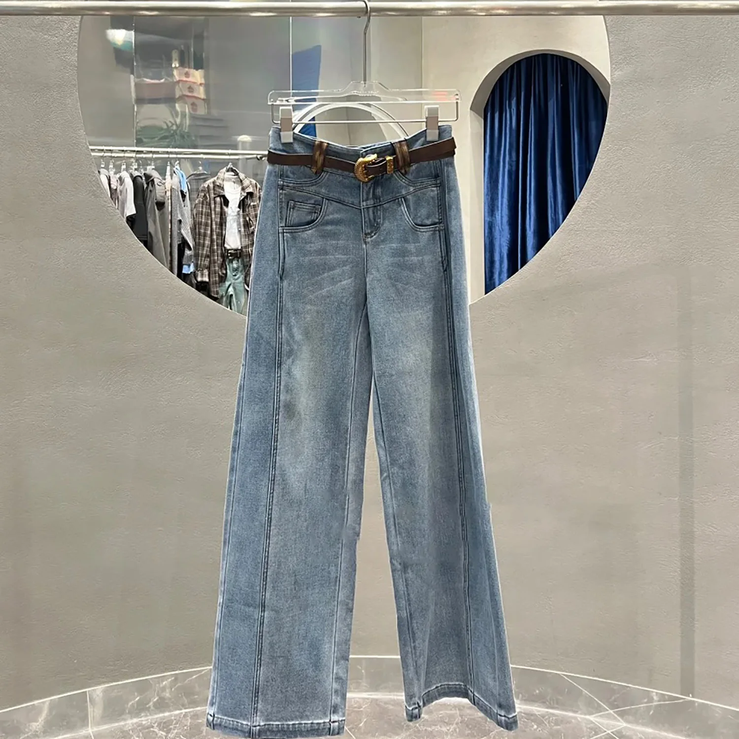 

Прямые широкие джинсы с высокой талией, женские повседневные брюки, Новое поступление, корейские женские брюки премиум-класса с высоким маслом