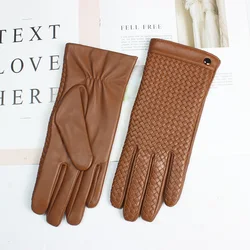 Gants de conduite en peau de mouton pour femmes, en cuir à écran tactile, à la mode, tissé, chaud, laine tricotée, doublure, haut de gamme, nouvelle collection