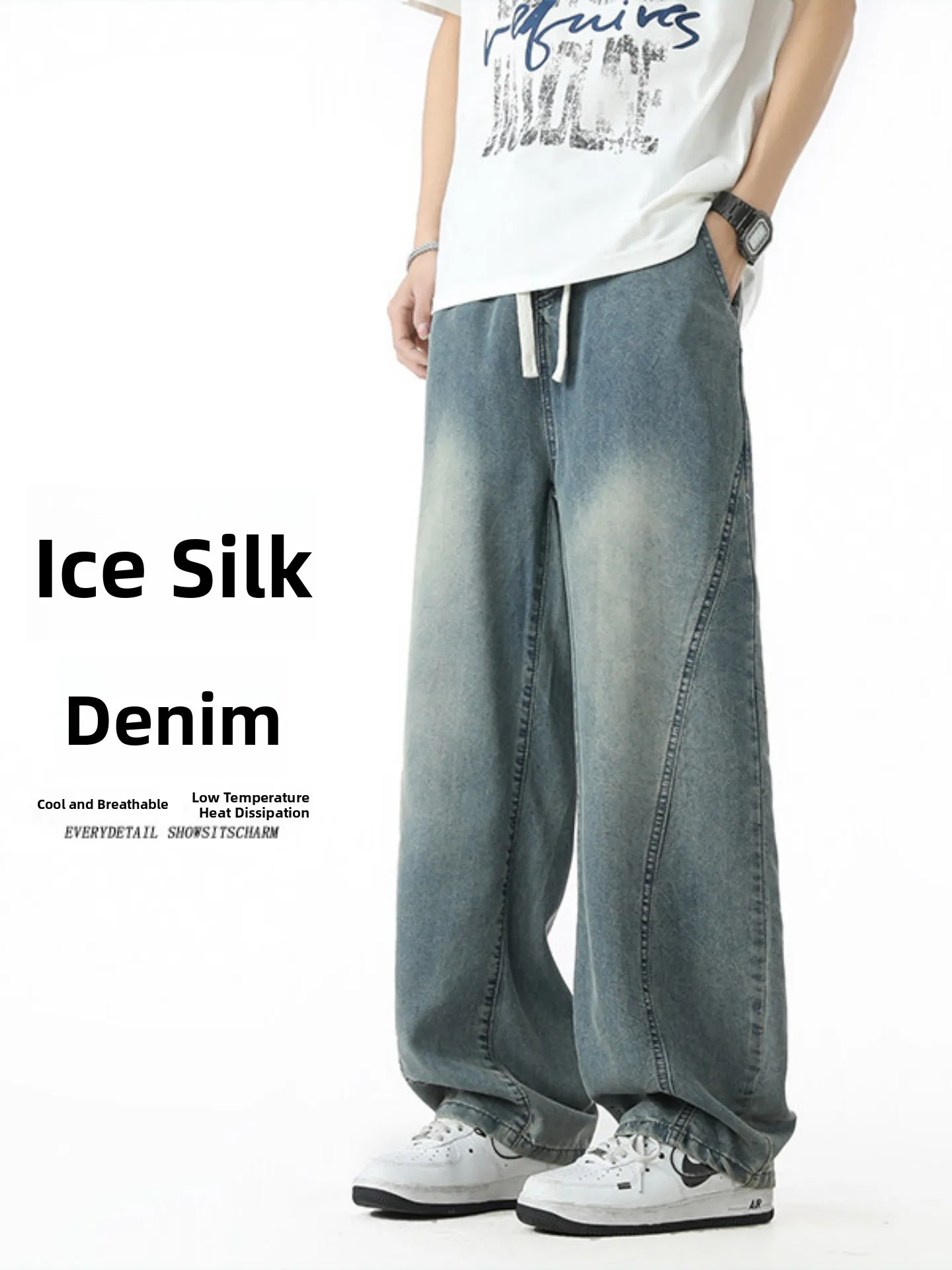 

Мужские летние джинсы из ледяного шелка с широкими штанинами, тонкие, охлаждающие, с асимметричными вставками, в американском стиле, прямого свободного кроя