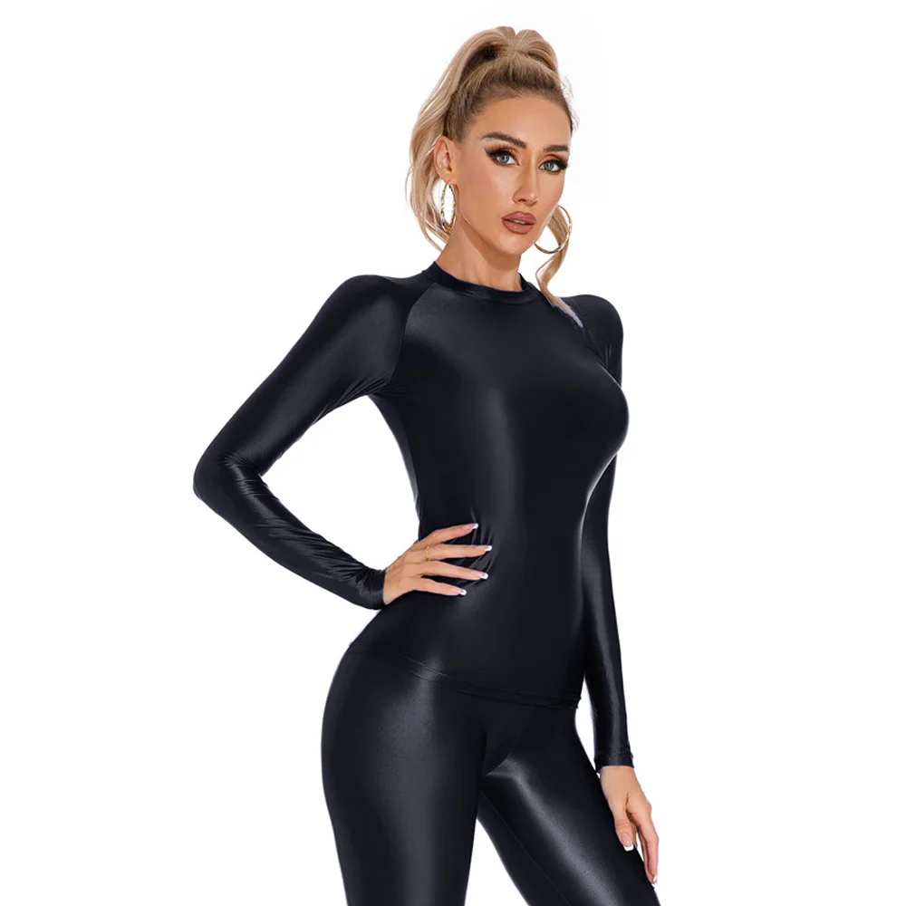Sexy Women Satin Smooth T-shirt Oil Glossy Shiny Yoga Tight Sheer See Through Elastic Shaping Leotard Tops Breathable Pajamas