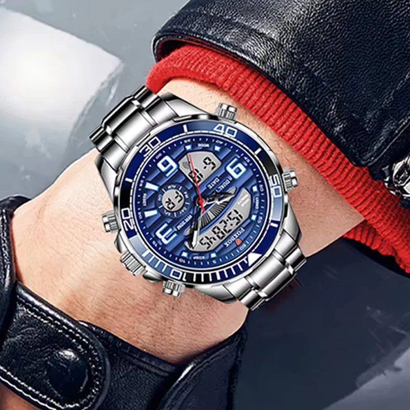 LIGE ساعة رجالية فاخرة شاشة ليد مزدوجة مضيئة تاريخ أسبوع ساعة رجالية مقاومة للماء الفولاذ المقاوم للصدأ كوارتز ساعات رجالية كرونوغراف