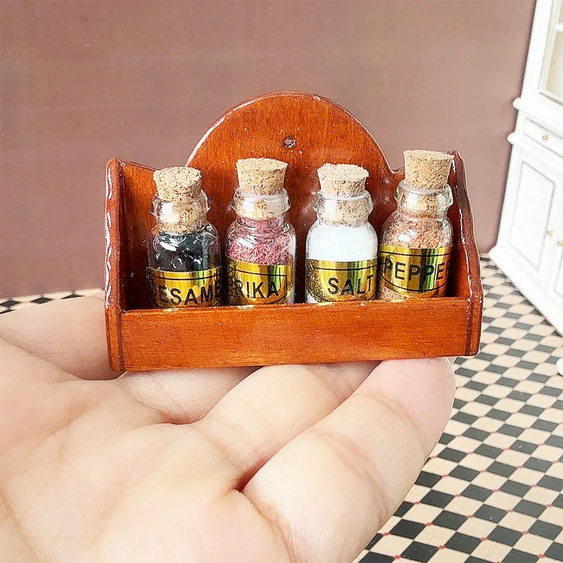 1set 1:12 Dollhouse Kitchen Spice Rack Salt Pepper Glass Bottles Model Miniature Model Walnut Wood Ornament Food Decoration