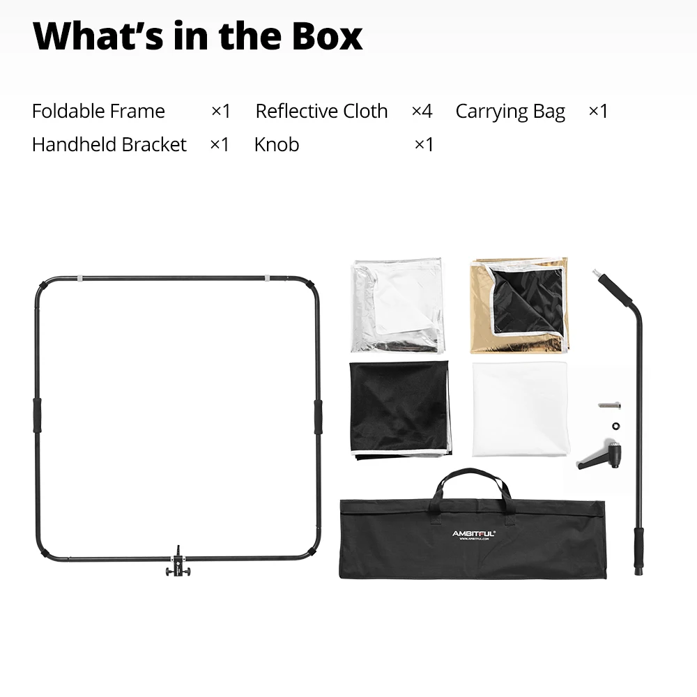 

Ambitful KS05 6in1 Protable Folding Flag Board Sun Scrim with Handle Bracket 100x100cm Reflector Diffuser