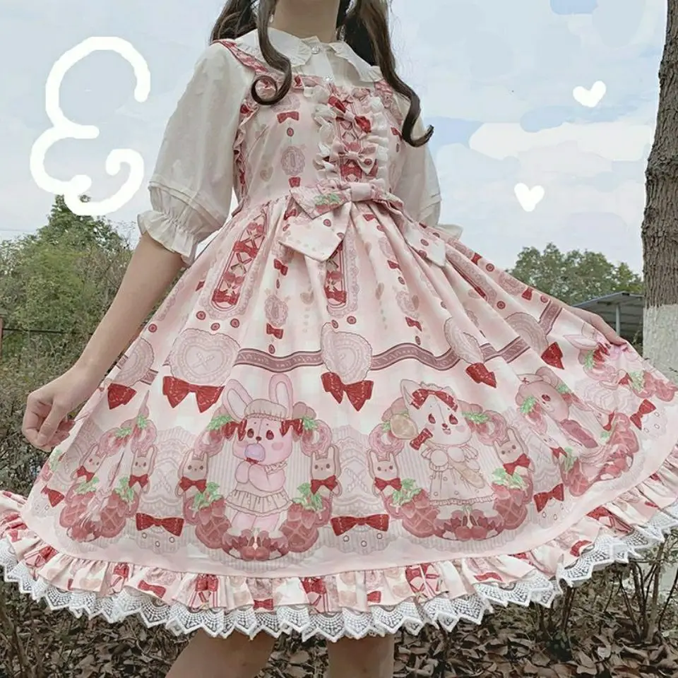 Japanese Soft Girl Cartoon Lolita Dress JSK Princess Ruffles Sleeveless Women Dress Summer Kawaii Suspender Lace Cute Dress