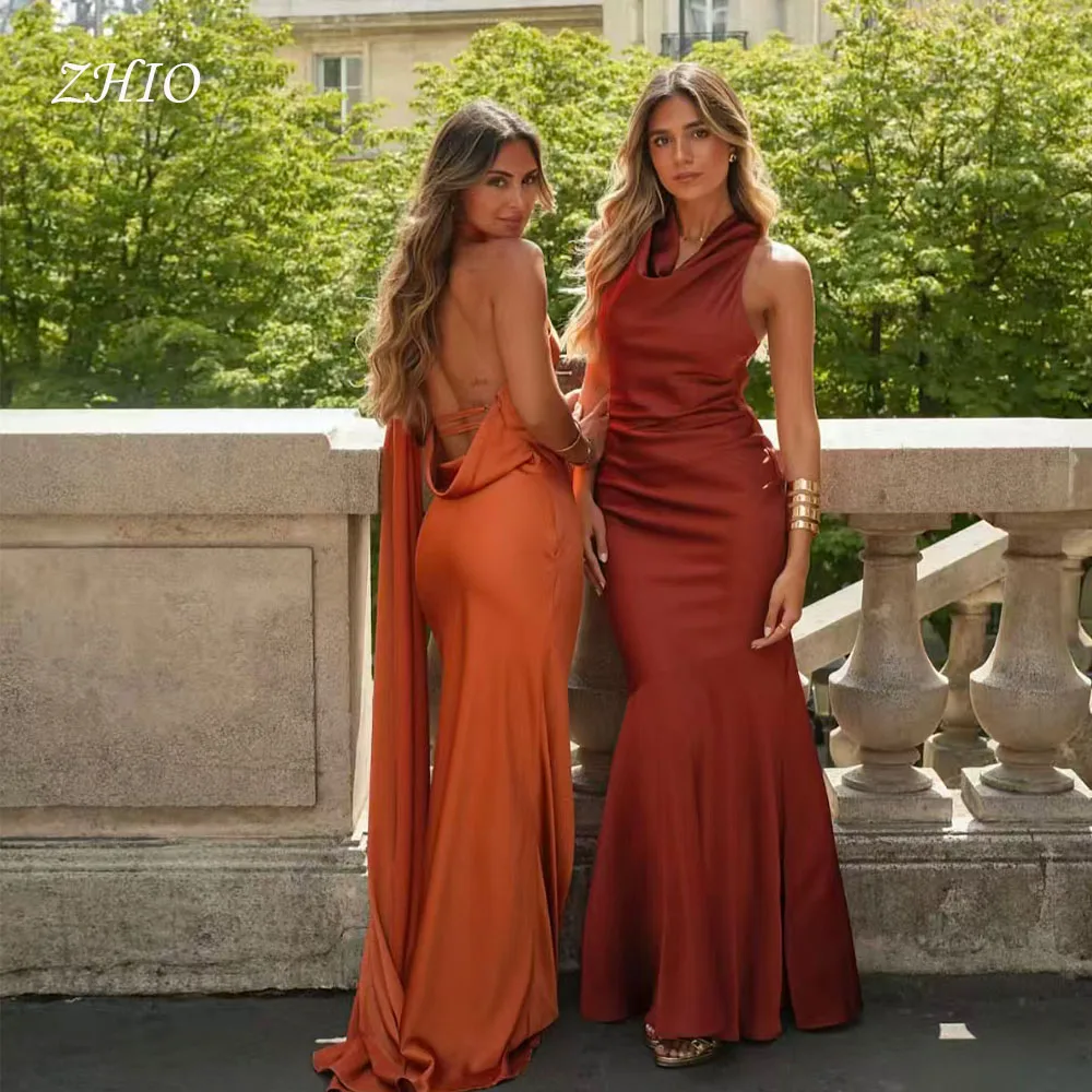 

ZHIO Элегантное вечернее платье русалки с лямкой на шее и открытой спиной с шарфом и скользящим шлейфом Оранжевое атласное платье для выпускного вечера Вечерние платья на заказ