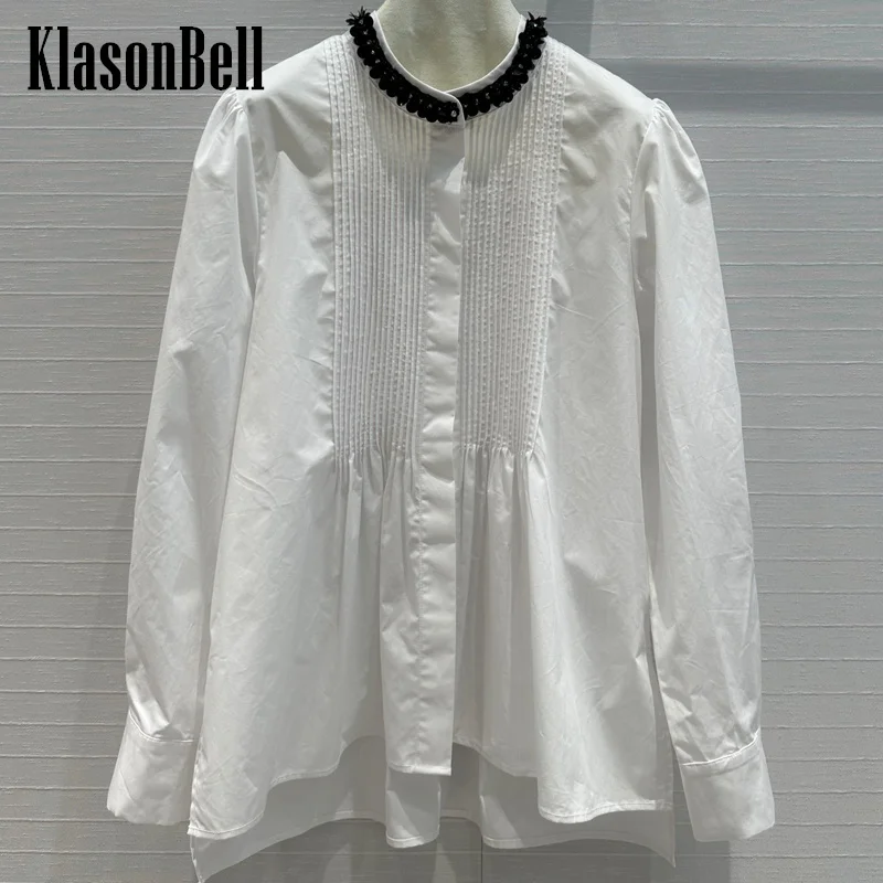 

7.11 KlasonBell Women's Vintage Court Style Hand Beading Round Collar Shirt White Elegant Pleated Hidden Breasted Blouse