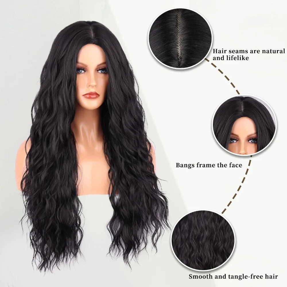 Water Wave Wool Roll Black Middle Part Corn Perm Synthetic Long Curly Wig For Women Realistic Scalp Heat Resistant Fiber Wig