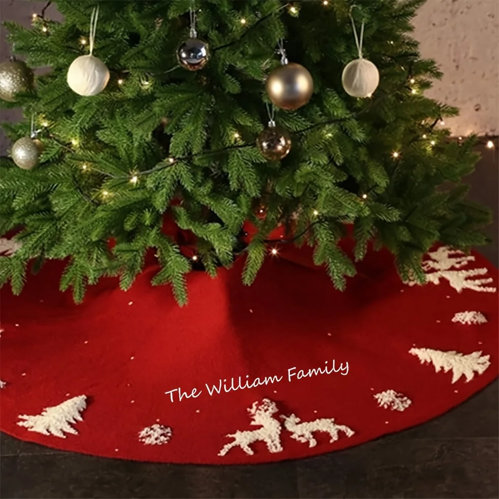 VIKAMA Christmas Tree Skirt Red Wool Texture White Reindeer Tree Snowflake Embroidered Print Non‑Slip Round Xmas Tree Base Mat