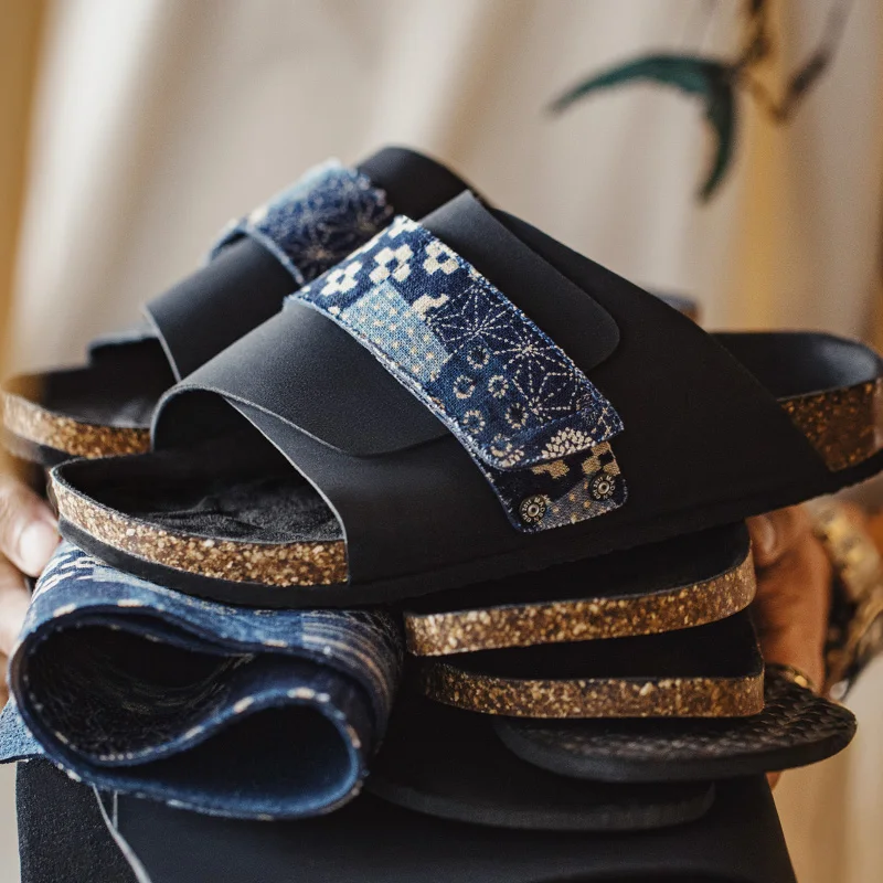 

Maden Vintage Color-Block Print Mules Men Summer Cork Sole Slide-On Sandals with Hook and Loop Closure Breathable Outdoor Shoes