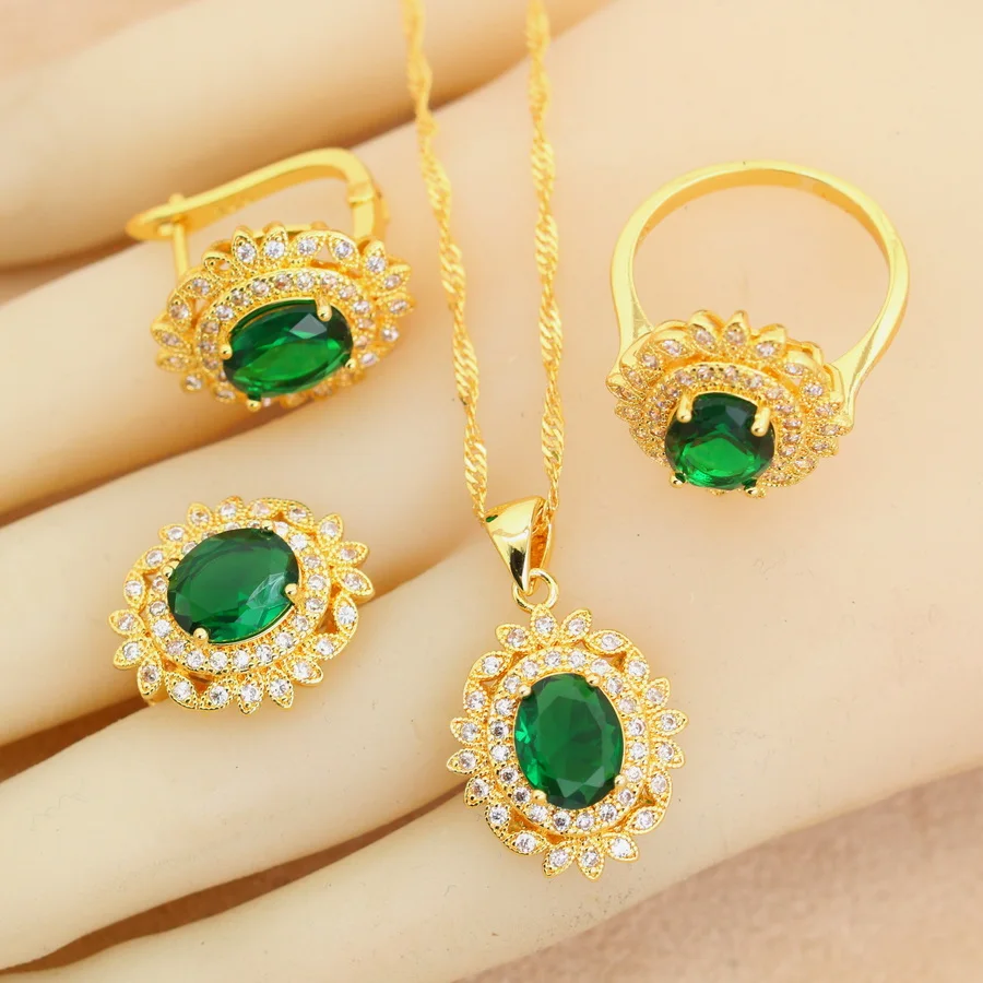 18K Gold Plated Bridal Jewelry Sets for Women Zirconia Earrings Necklace Pendant Ring Wedding Gift