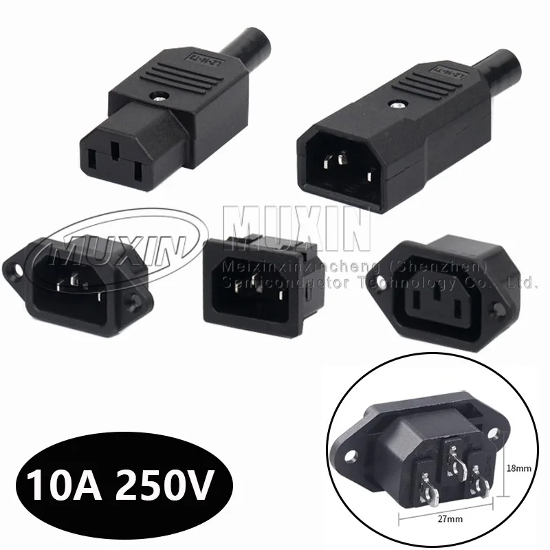 IEC320 10A 250V Black Male Female Docking Connector Rewireable C13 C14 Plug Rewirable Power Konektor 3 Pin AC Socket