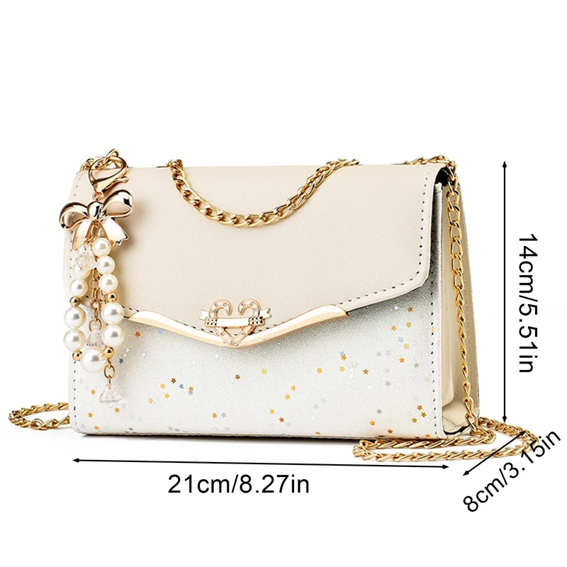 Bow Pearl Tassel Pendant Flap Crossbody Bags Metal Chain Shoulder Bag for Women Pu Leather Colorblock Casual Travel Square Bag