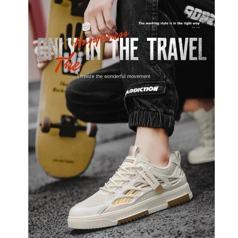 men breathable hollow mesh walking shoes, summer quick dry casual skateboard shoes, all-mat daily flat sneakers male