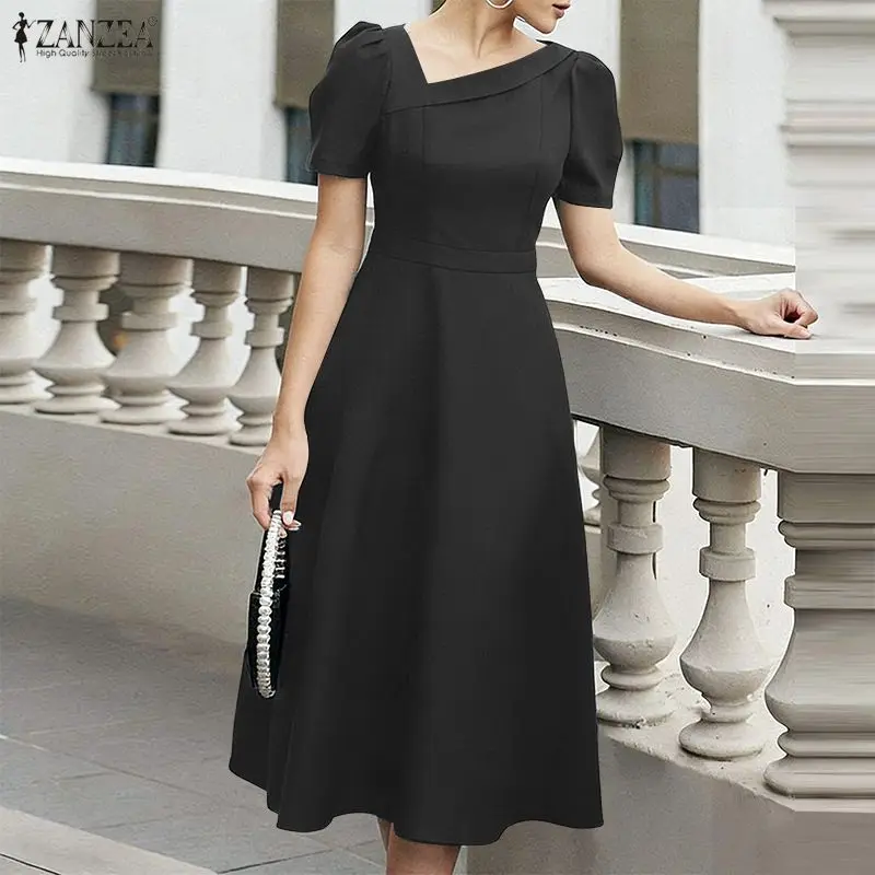 Eleganckie sukienki biurowe ZANZEA damskie 2026 letnia sukienka z nieregularnym dekoltem, krótkim rękawem, midi, jednolita, z podkreśloną talią, sukienka na imprezę, letnia sukienka