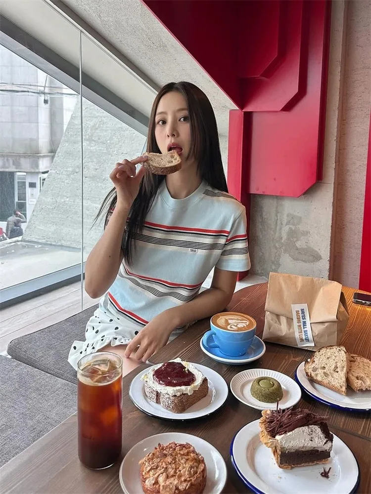 

E-Lina ort Sve round Ne Pure Cotton T-irt Women's Casual Faion Slimming Top Color Blo Striped Korean Sle