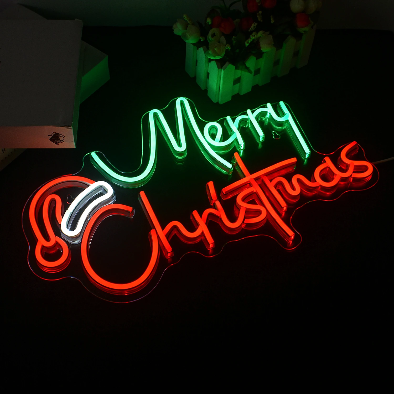 Merry Christmas Neon Sign Room Decoração, Chapéu colorido, Luz LED para Festival, Casa, Festa, Decoração de parede regulável