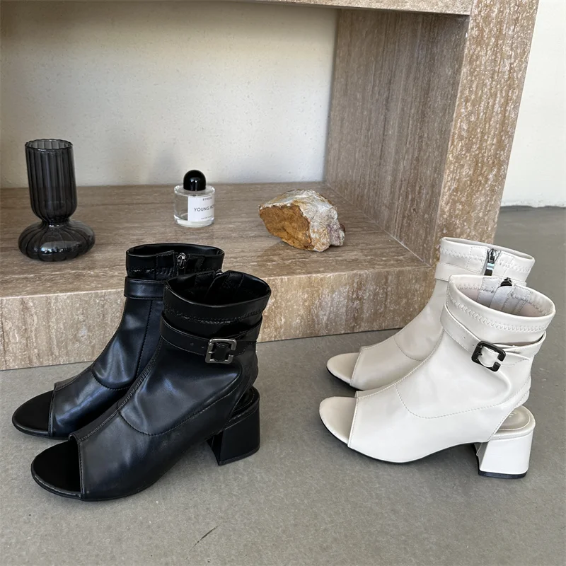 Buckle Strap Slingback Ring Toe Gladiator Rome Sandals Women High Top Ankle Boots Short Bootie Square Block Heel Casual Shoes