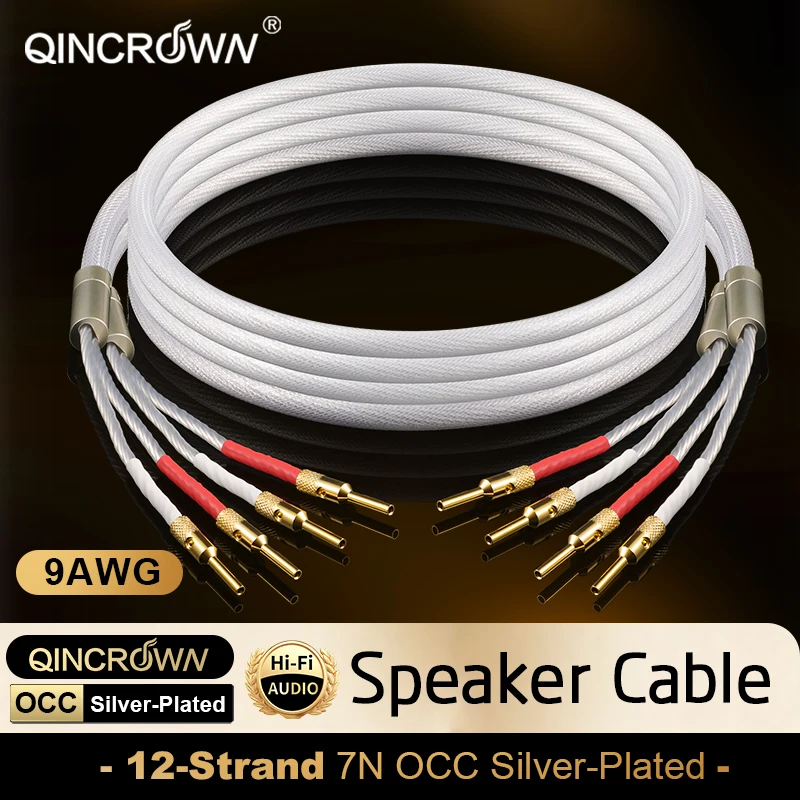 QINCROWN 1 Pair Hi-End Audiophile 7N Silver-Plated OCC Speaker Cable, HiFi Audio Wire for Amplifier Home Theater Stereo System
