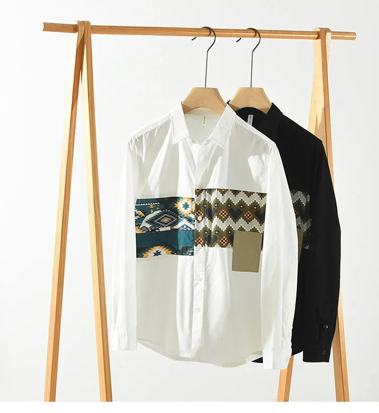 

New Long Sleeve White Shirt Men Spring Summer Holiday Korean Fashion Mens Shirts Casual 100Cotton Patchwork Printed Shirt Youth