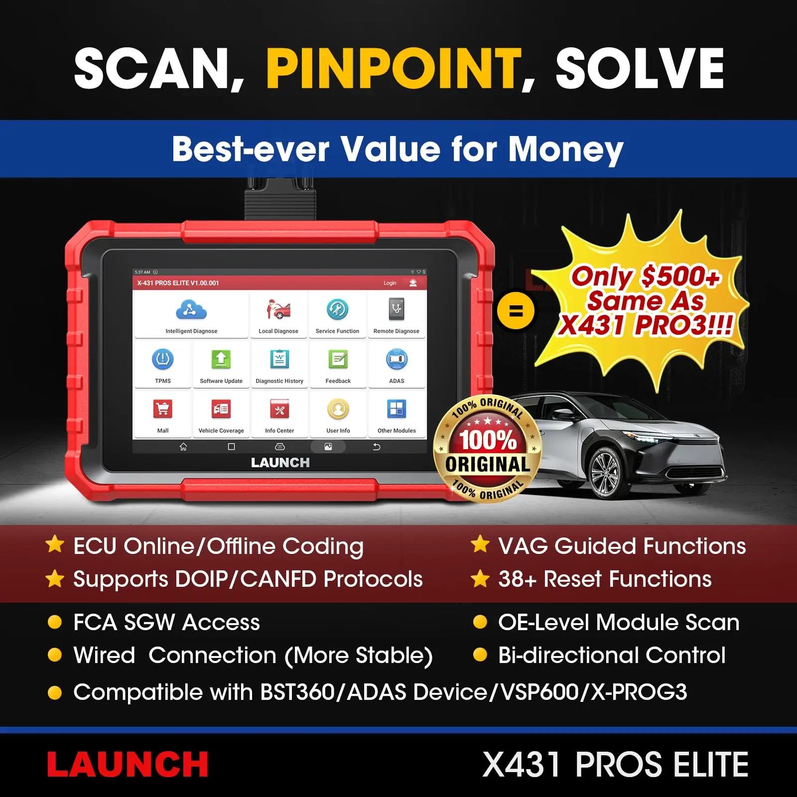 LAUNCH X431 PROS Elite: 2026 Bidirectional Scanner, ECU Coding, 38+ Services, CANFD/DoIP & FCA AutoAuth. 2-Yr Update.