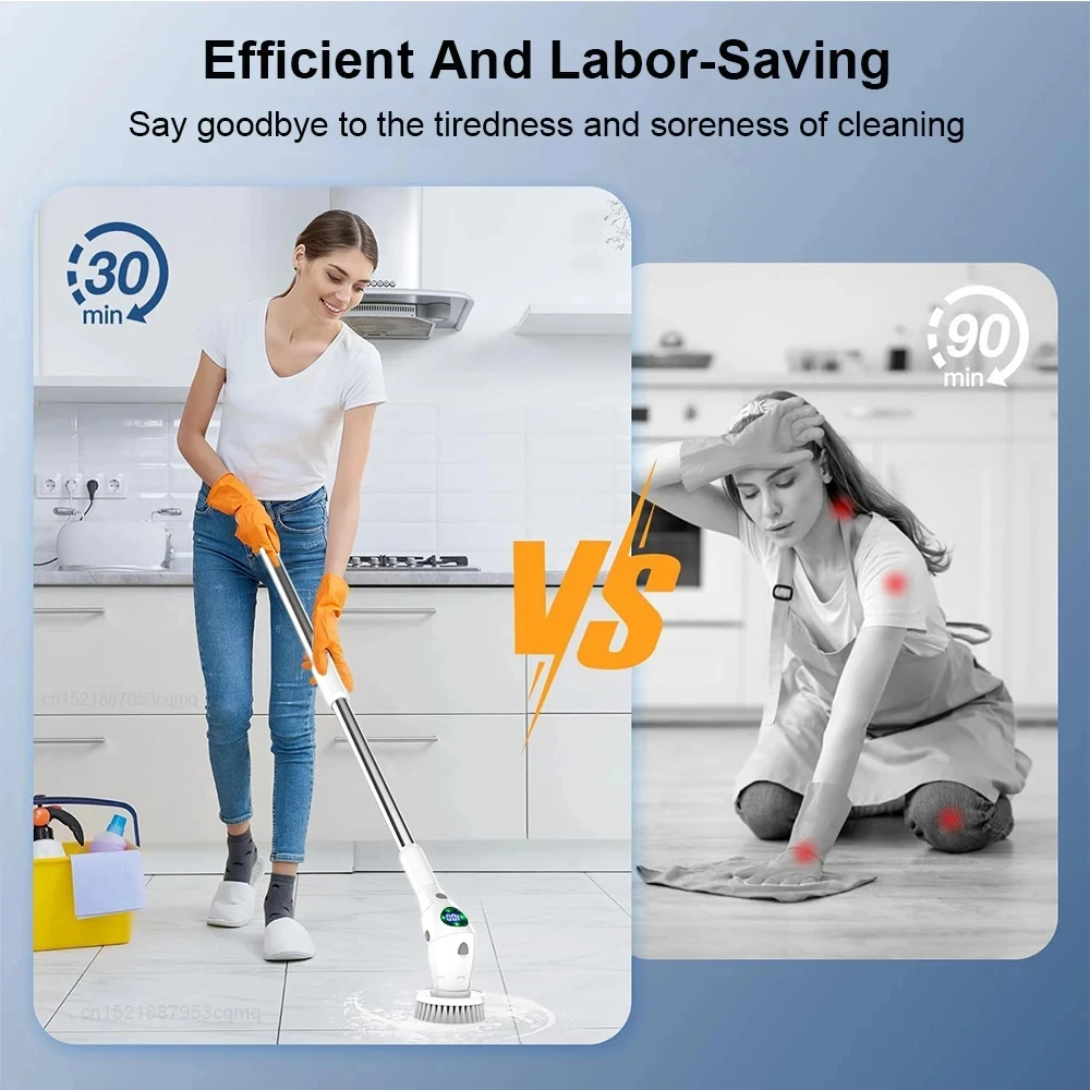 8-In-1 Electric Rotary Cleaner Replaceable Brush Head Adjustable Extended Handle 360° Scrubner Bathroom Kitchen Cleaning Tool