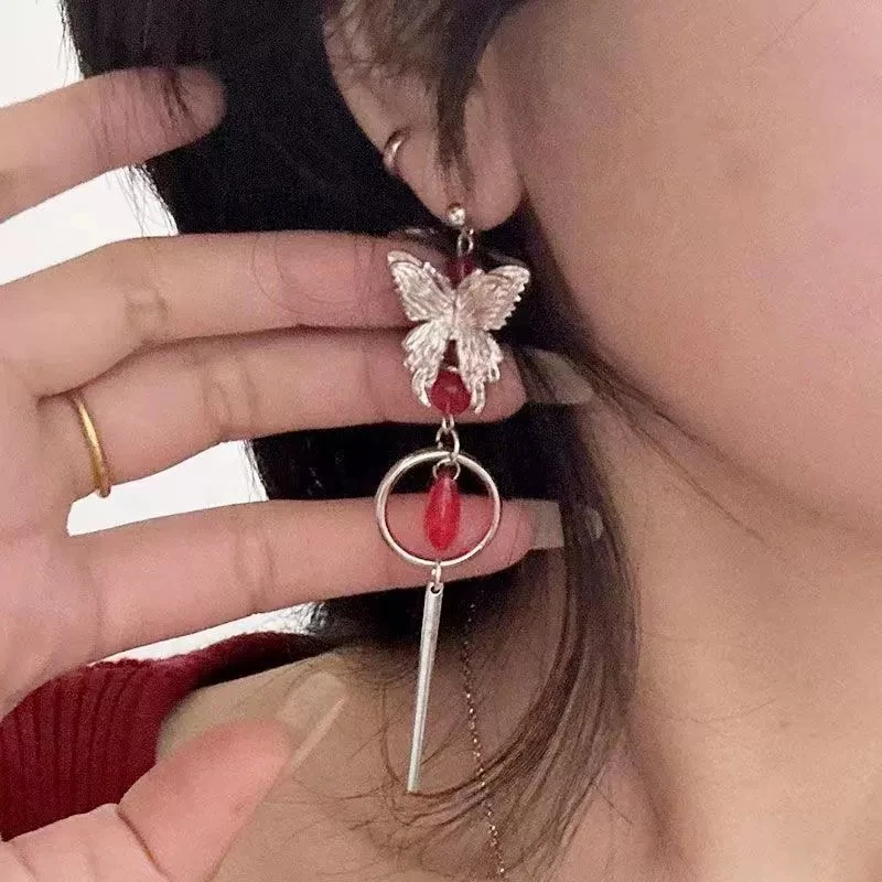 Steel Fun New Chinese Style Red Butterfly Earrings Women's Enamel Drip Oil Blue Long Tassel Song Dynasty Bridal Earrings Female