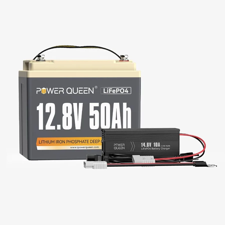 

Power Queen 12V 50Ah LiFePO4 Battery with 14.6V 10A LiFePO4 Battery Charger Built-in 50A BMS 12V 50Ah Deep Cycle Lithium Batter