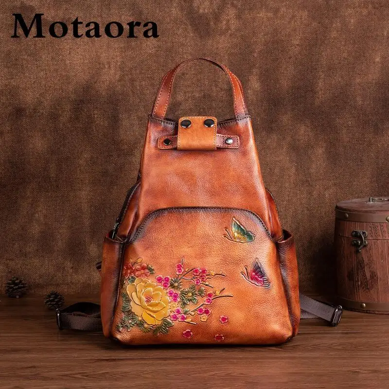 MOTAORA Floral Embossed Leather Backpack for Women, Vintage Cowhide Shoulder Bag, Handmade Crossbody Purse with Adjustable Strap