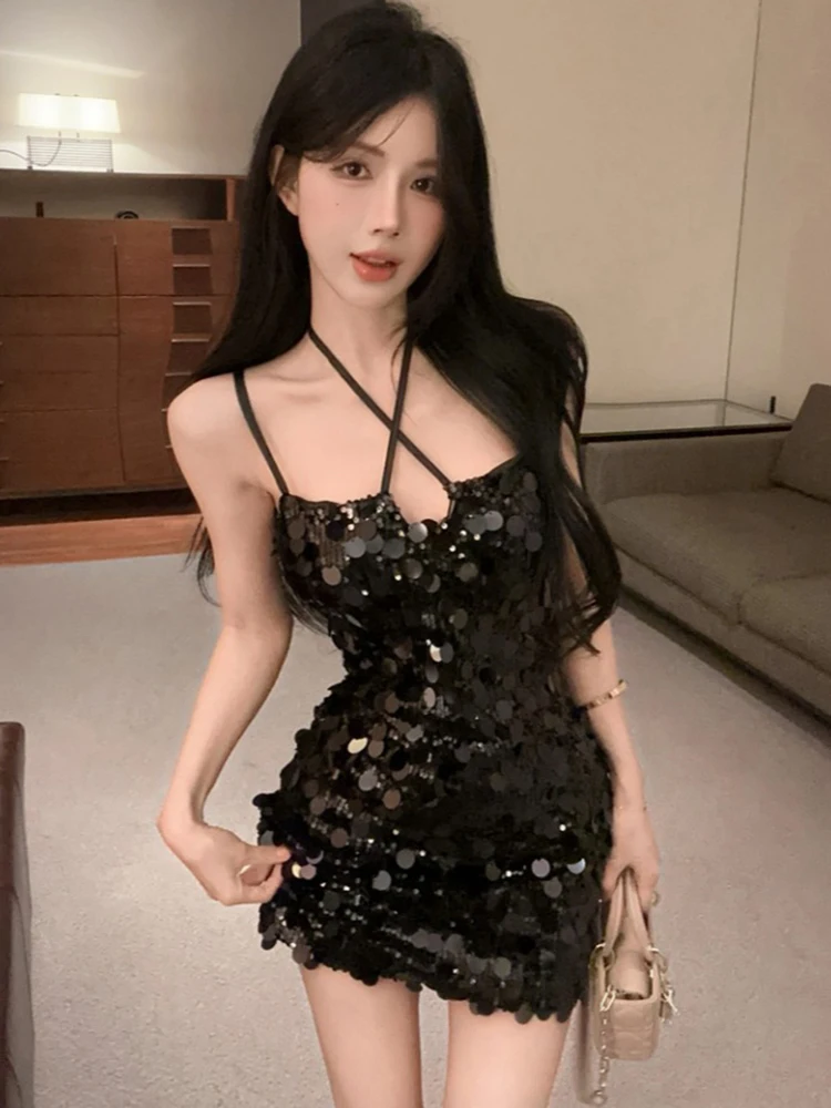 Czarna Sukienka Mini na Ramiączkach z Odkrytymi Plecami i Cekinami dla Kobiet 2025 Koreański Vintage Bodycon Sukienki na Bal Elegancka Luksusowa Letnia Vestidos