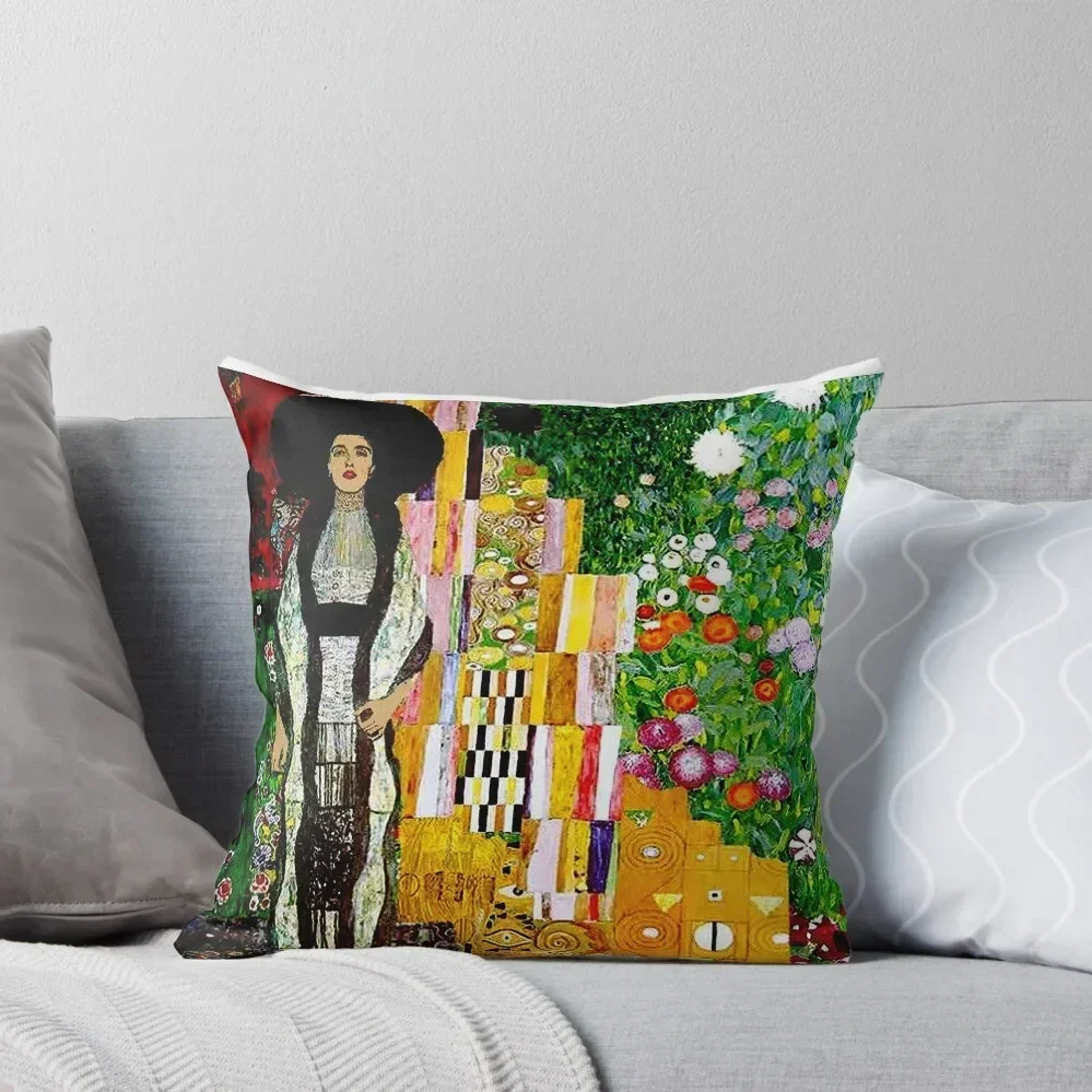 Gustav Klimt ; Vintage 1917 Adele Bloch-Bauer in Garden Print Throw Pillow Luxury Pillow Cover Sofa Decorative Covers pillow