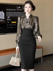 Women Clothes Formal Occasion Fake 2-Piece Leopard V-Neck Slim Midi Pencil Dress Elegant Ladies Fashion Vestidos Commute Vintage
