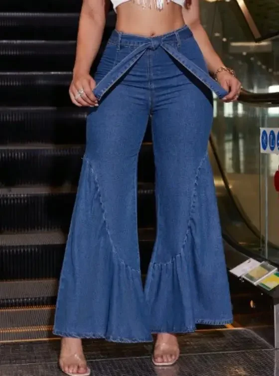 Spring Women's Lace Up Flared Denim Pants Female Daily Clothing Temperament Commuting New Fashion Women's Sweet High Waist Jeans