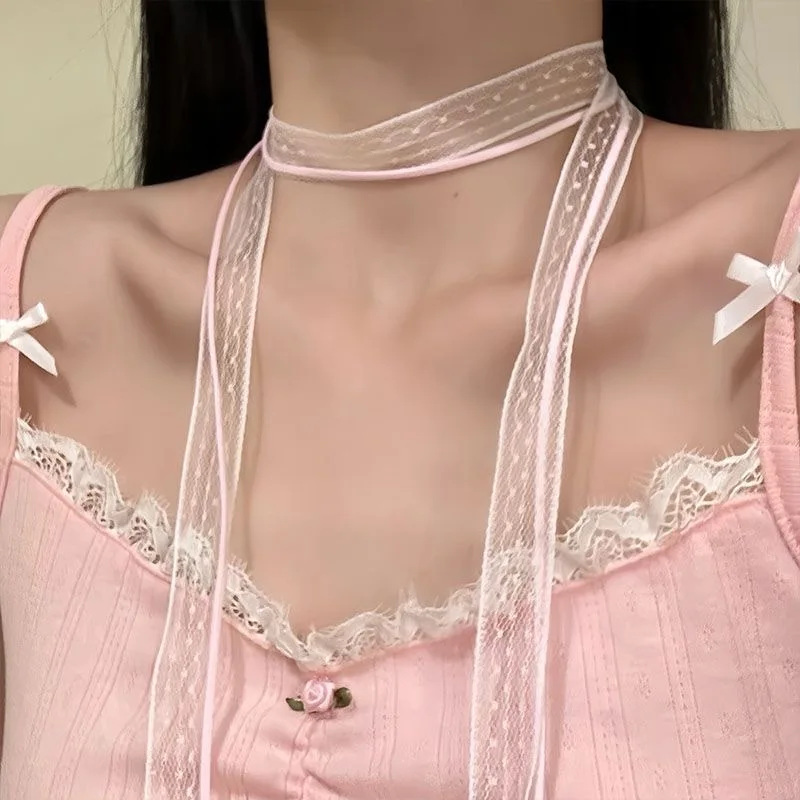 

Fairy Sweet Lace Layered Ribbon Scarf Necklace Korean Girl Neck Tie Ribbon Multifunctional Hair Band Headwear