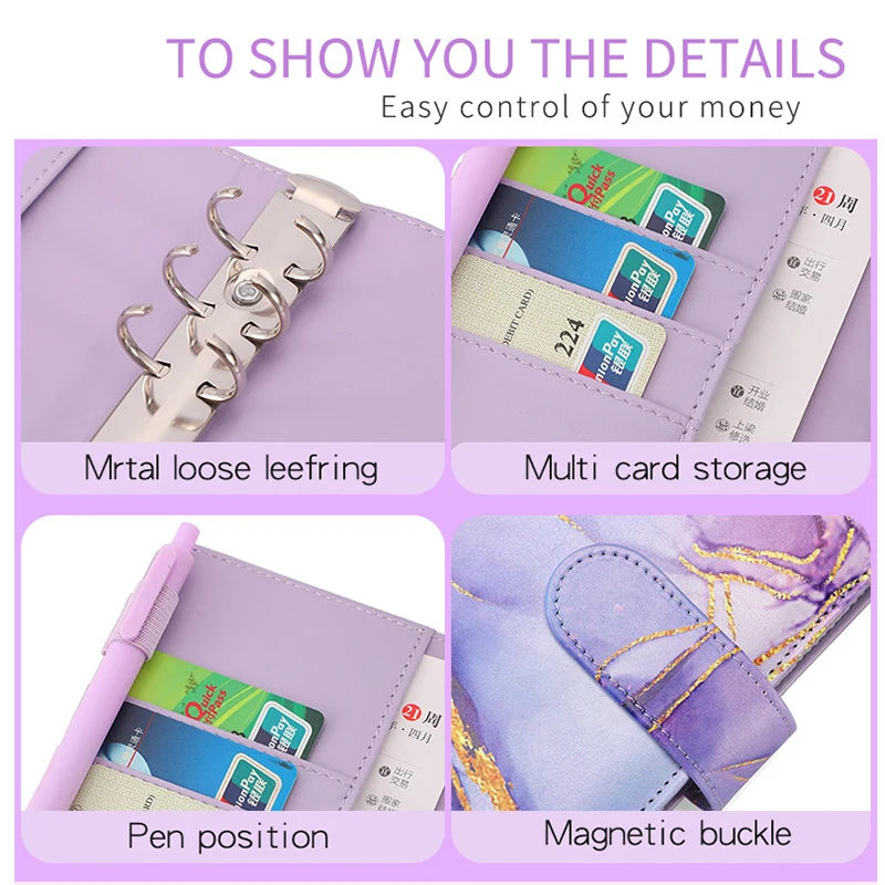 Marble A6 Budget Binder PU Notebook Budget Planner with Cash Envelopes Label Stickers Money Organizers School Office Stationery