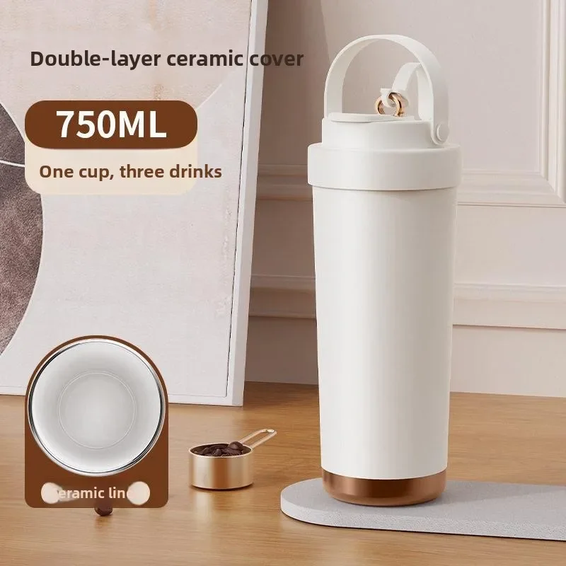 Large Capacity Ceramic Insulated Mug with Straw for Women Students Portable Car Coffee Cup Double Sided Drink Water Bottle