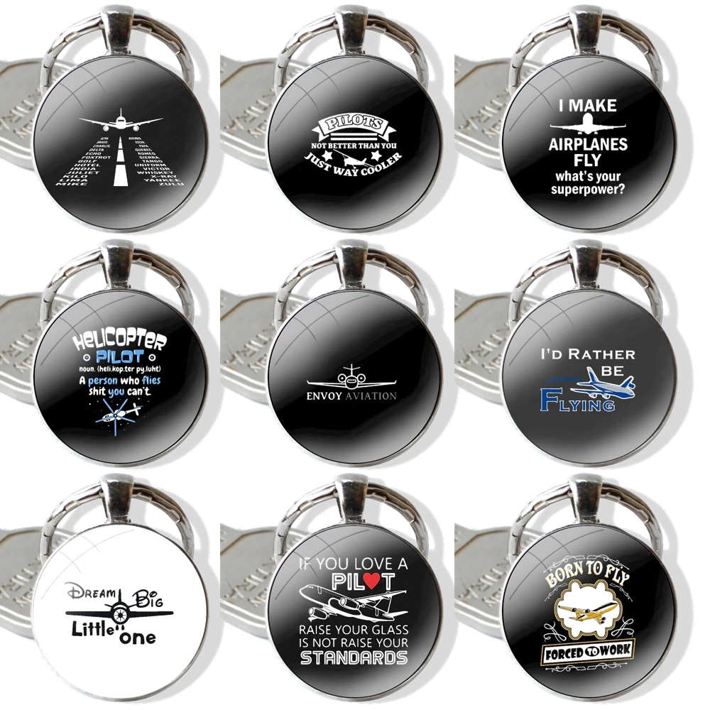 Keychain Handmade Glass Cabochon Key Ring Holder Pendant Key Chains Aircraft Airplane Fly Pilot Travel In Sky